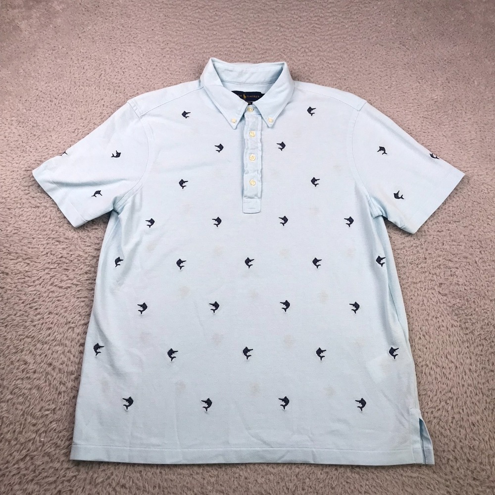 Ralph Lauren Knit Oxford Shirt Mens L Blue Swordfish‎ Embroidery Button Down